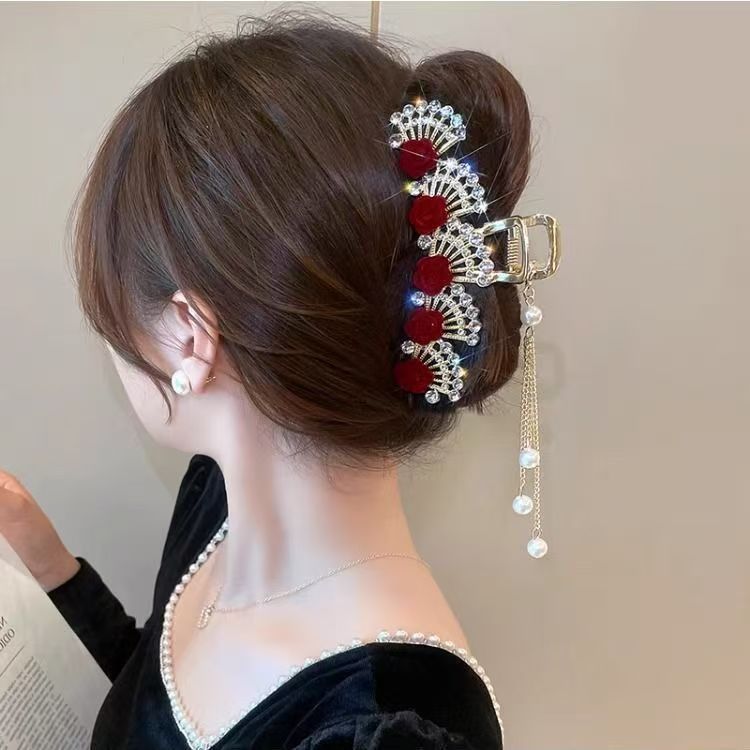 Women Formal Wear With Tie - Jepit Rambut Vintage Merah Berhias Batu