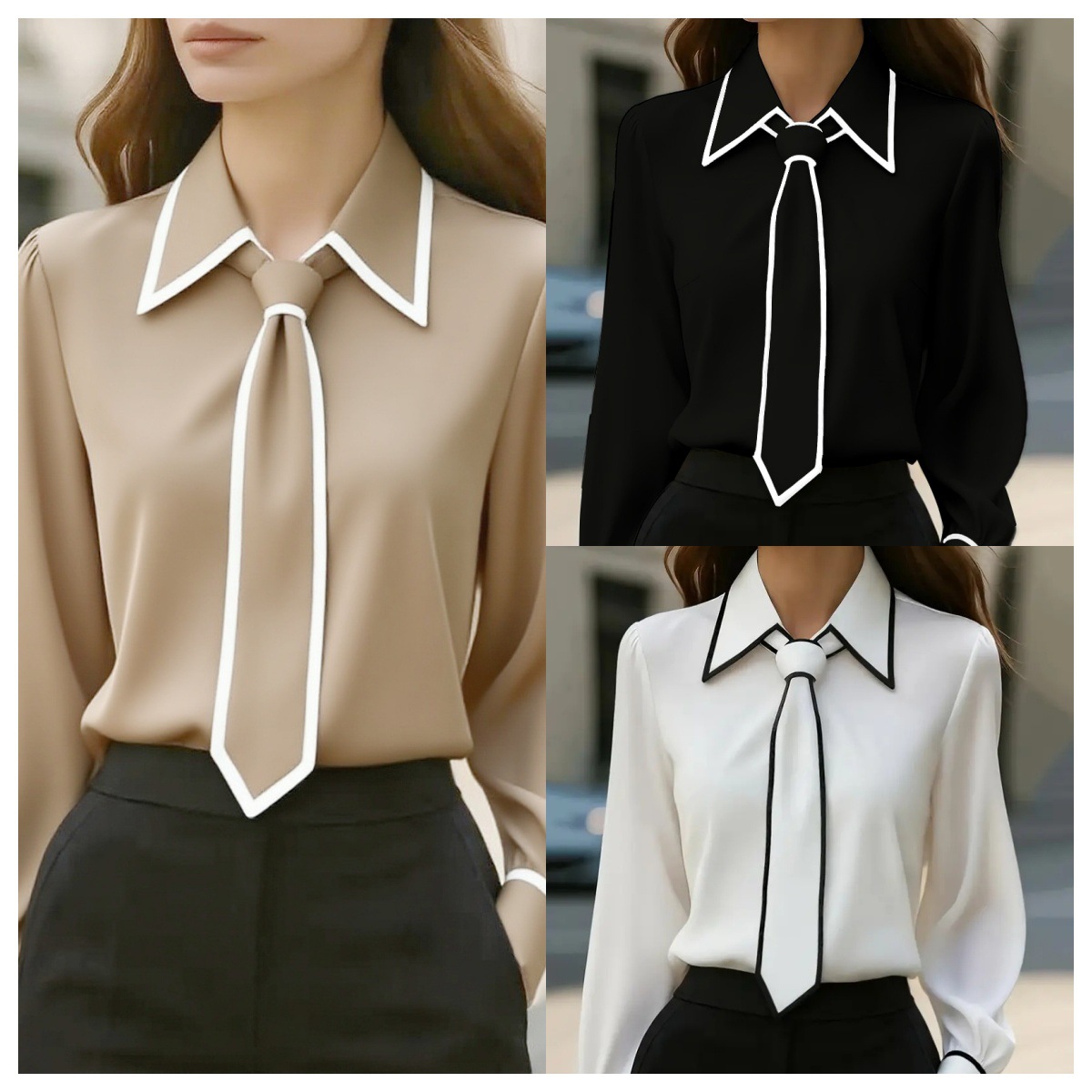 Women Formal Wear With Tie - Blus Kerah Ikat dengan Lis Kontras