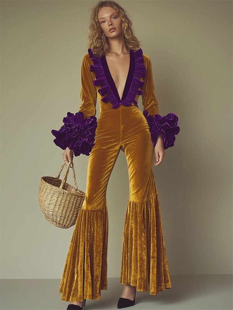 Women'S Formal Jumpsuit Evening Wear - Jumpsuit Wanita Beludru Ungu Kuning Seksi
