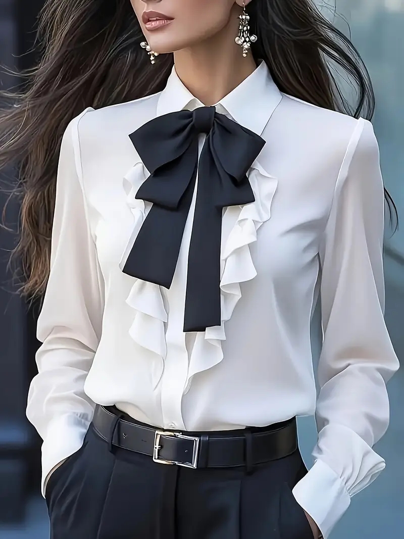 Women Formal Blouses For Evening Wear - Blus Kerah Ruffle Lengan Panjang Elegan