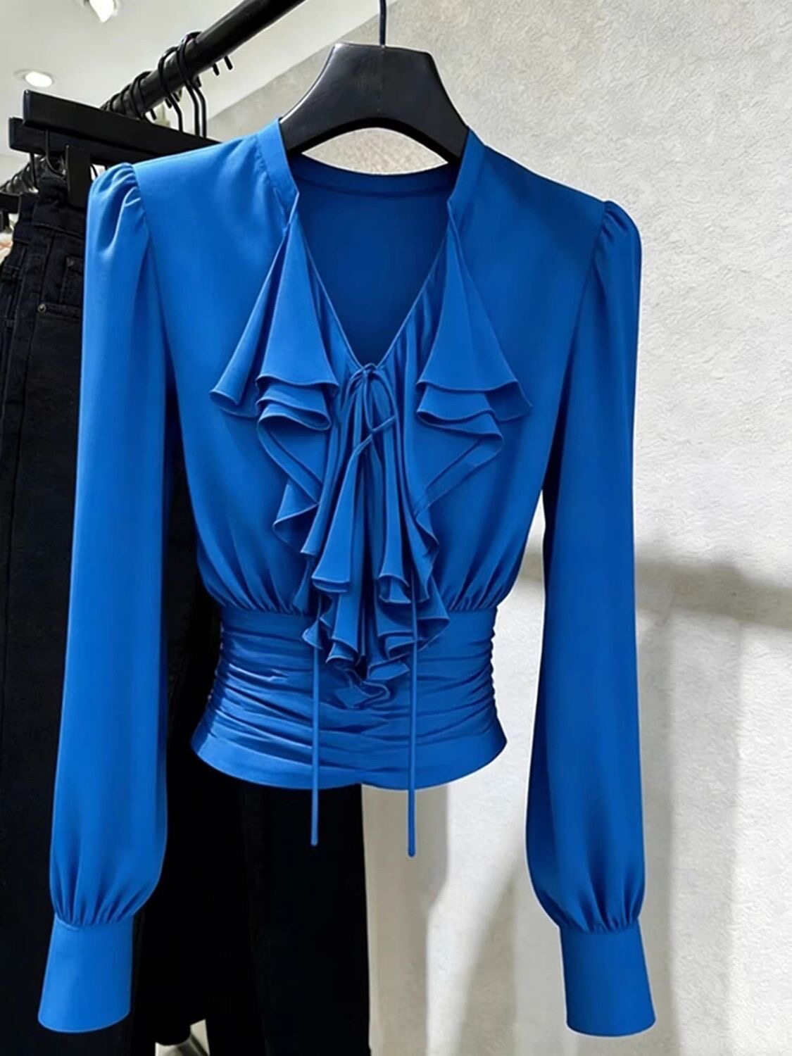 Blus Biru Royal dengan Kerah V - Women Formal Blouses For Evening Wear ulasan dan harga