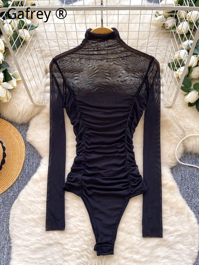 Bodysuit Jaring Abu-abu Seksi  - Turtleneck Bodysuit Office ulasan dan harga