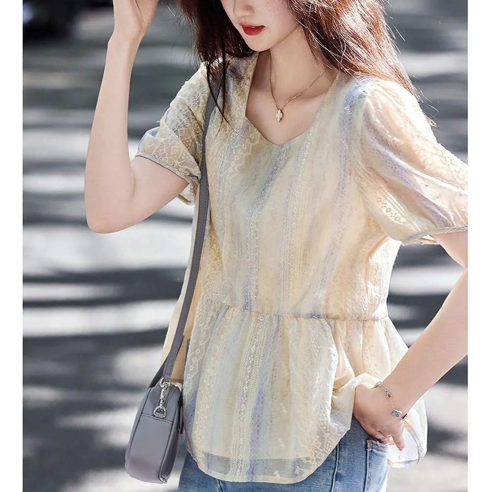 Blus renda lengan puff longgar - Women Formal Blouses For Evening Wear ulasan dan harga