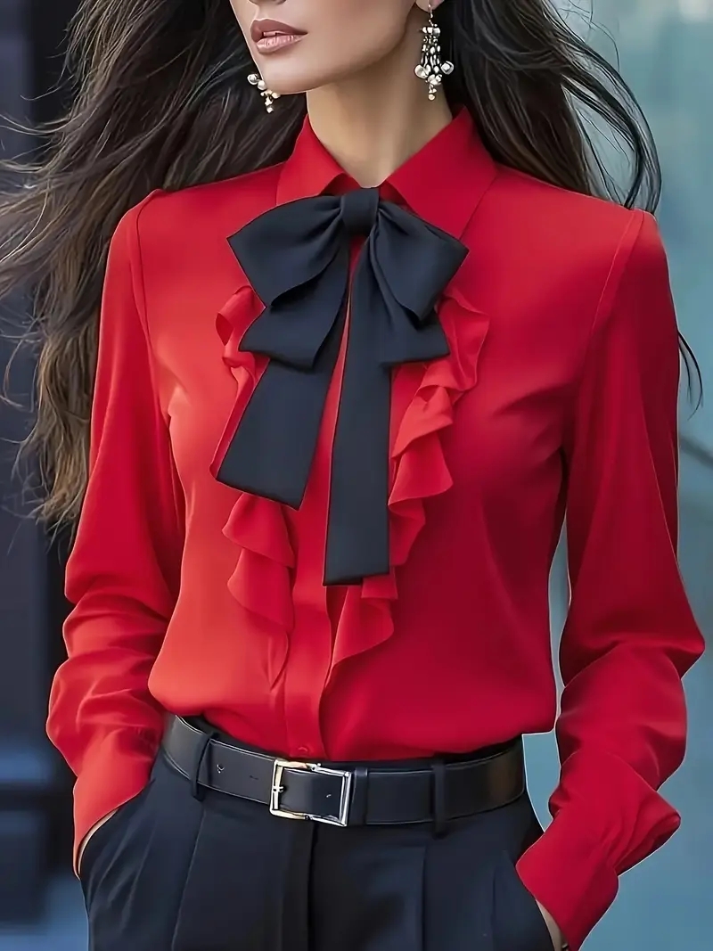 Blus Kerah Ruffle Lengan Panja - Women Formal Blouses For Evening Wear ulasan dan harga
